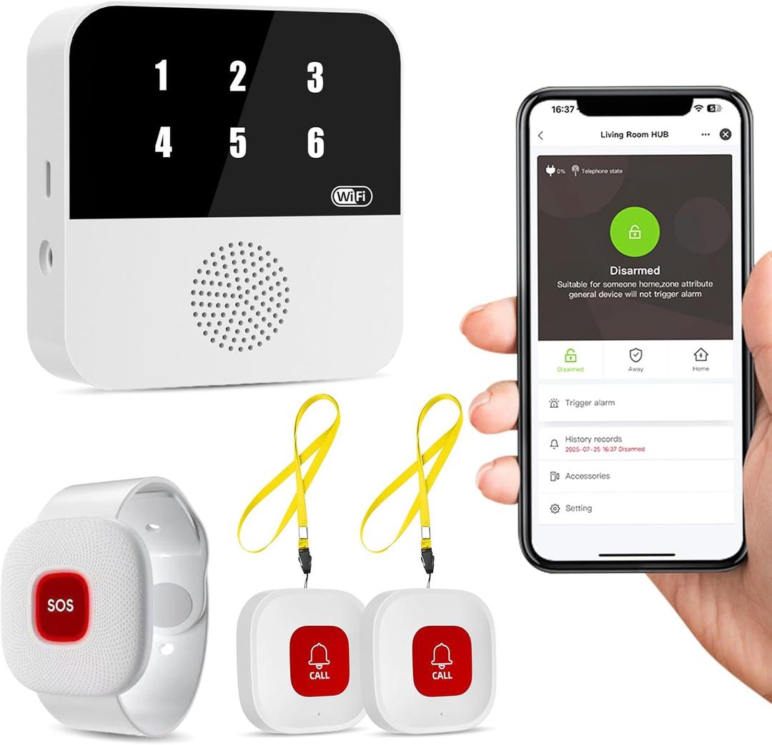 PILSAMAS WiFi Caregiver Pager Smart Call System - Display Caller ID & App Alerts, No Monthly Fee, IP65 Waterproof Wristband + 2 Call Buttons, Emergency Alert Button for Elderly at Home & Nursing Care