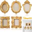Leinuosen 5 Pcs Golden Refrigerator Mini Frames Magnetic Vintage Picture Display with Back Small Antique Picture Frames with Hooks and Rope Refrigerator Magnets Photo Display Christmas Decor, Style A