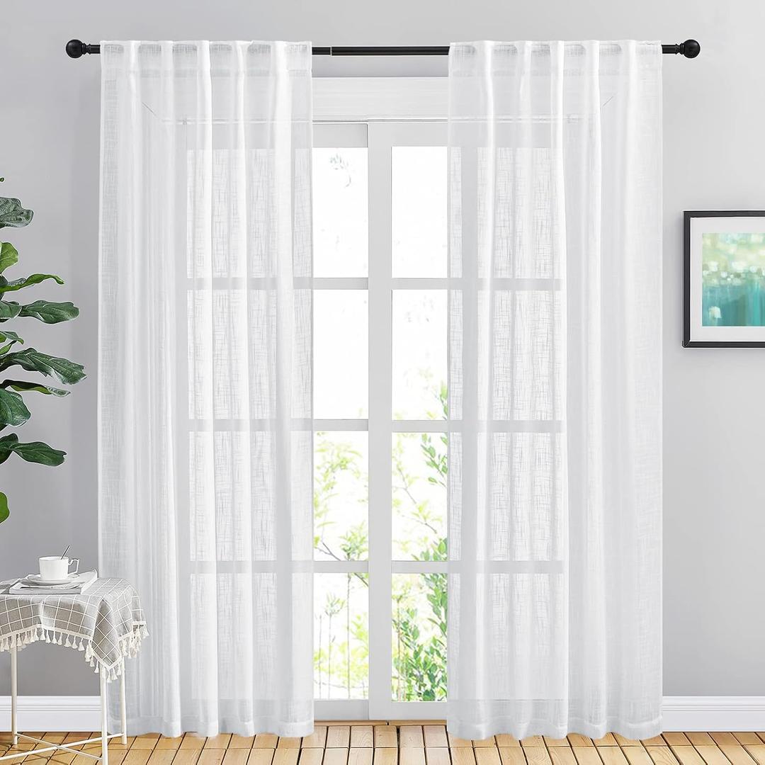 NICETOWN White Curtains 84 inches Long for Living Room, Rod Pocket & Back Tab Semi Sheer Linen Curtains Vertical Drapes Privacy with Light Through for Hall/Villa, 42" W x 84" L, 2 Panels