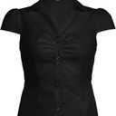 Women's Button Up Shirt Slim Fitted Cap Sleeve V Neck Top Y2k Coquette Button Down Shirt (Black, S)