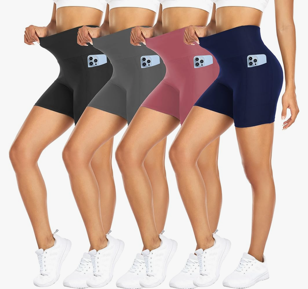 FULLSOFT 4 Pack Biker Shorts for Women with Pockets – 5" High Waisted Tummy Control Workout Yoga Running Gym Tennis Shorts, size L- XL
