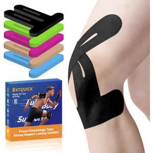 PreCut Kinesiology Tape for Knees, KTQUICK 12 PCS 20% Extra Adhesive Knee Tape for Knee Pain Relief Pre Cut, Anatomical for Maximum Hold, Waterproof&Hypoallergenic Cotton Latex-Free for Sports (Black)