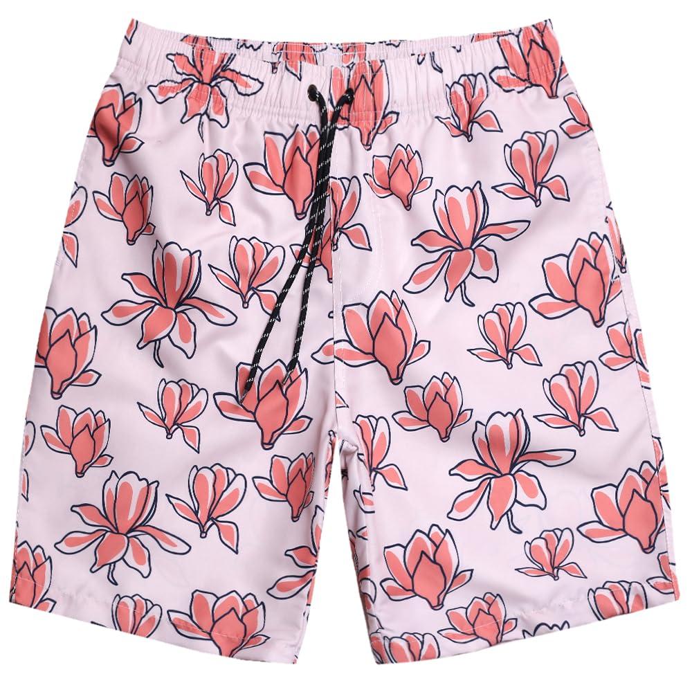 Dminyak Men's Swim Shorts 9" Quick Dry Swimwear with Mesh Lining Pink Magnolia Floral Print Bathing Suit for Men (S)