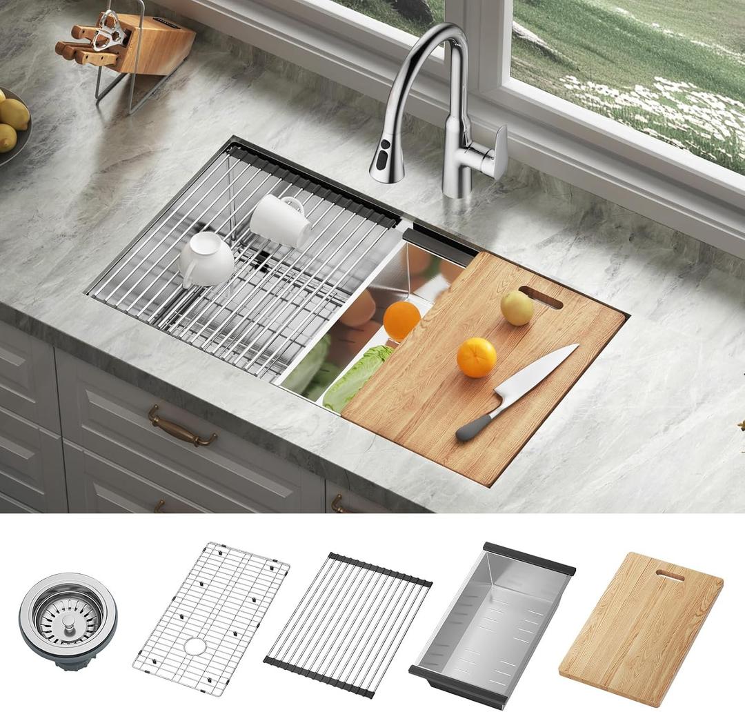 JOMOO 32Inch Brushed Stainless Steel Workstation Sink, 10 Deep Single Bowl Undermount Kitchen Sink Set with Accessories, 32x19 Inch