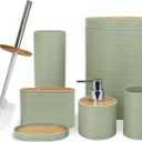 CERBIOR Bathroom Accessories Set 6 Piece Bamboo Bath Ensemble Includes Soap Dispenser, Toothbrush Holder, Toothbrush Cup, Soap Dish for Decorative Countertop and Housewarming Gift, Sriral Green