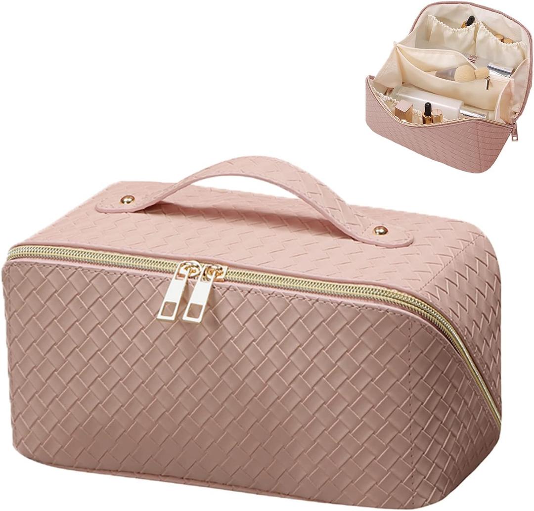 Travel Cosmetic Bag with Compartments - Large Capacity, Lay Flat, Pink Checkered Pattern PU Leather Portable Makeup Bag for Women & Girls