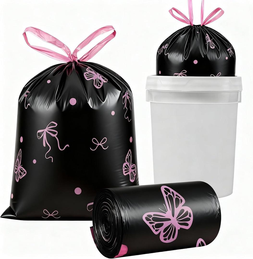 Dunzoom Pink Bow 4 Gallon Trash Bags Lavender Scented, 100 Count - Small Drawstring Garbage Bags No-tearing for Bathroom, Office, Kitchen, Home, Outdoor Camping