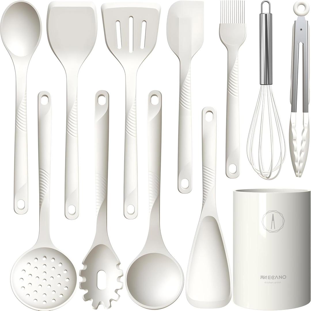 Silicone Cooking Utensils Set - 600F Heat Resistant, Nonstick Kitchen Utensil Set with Spatulas, Spoons, Whisk, Tongs, BPA Free, Dishwasher Safe, Cream White