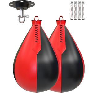 Boxing Speed Bags, PU Leather 2 Pack Hanging Speed Punching Bags Speedball, Dodge Striking Bag for Boxing MMA Muay Thai Martial Arts Training Home Gym Equipment (Red&Black)