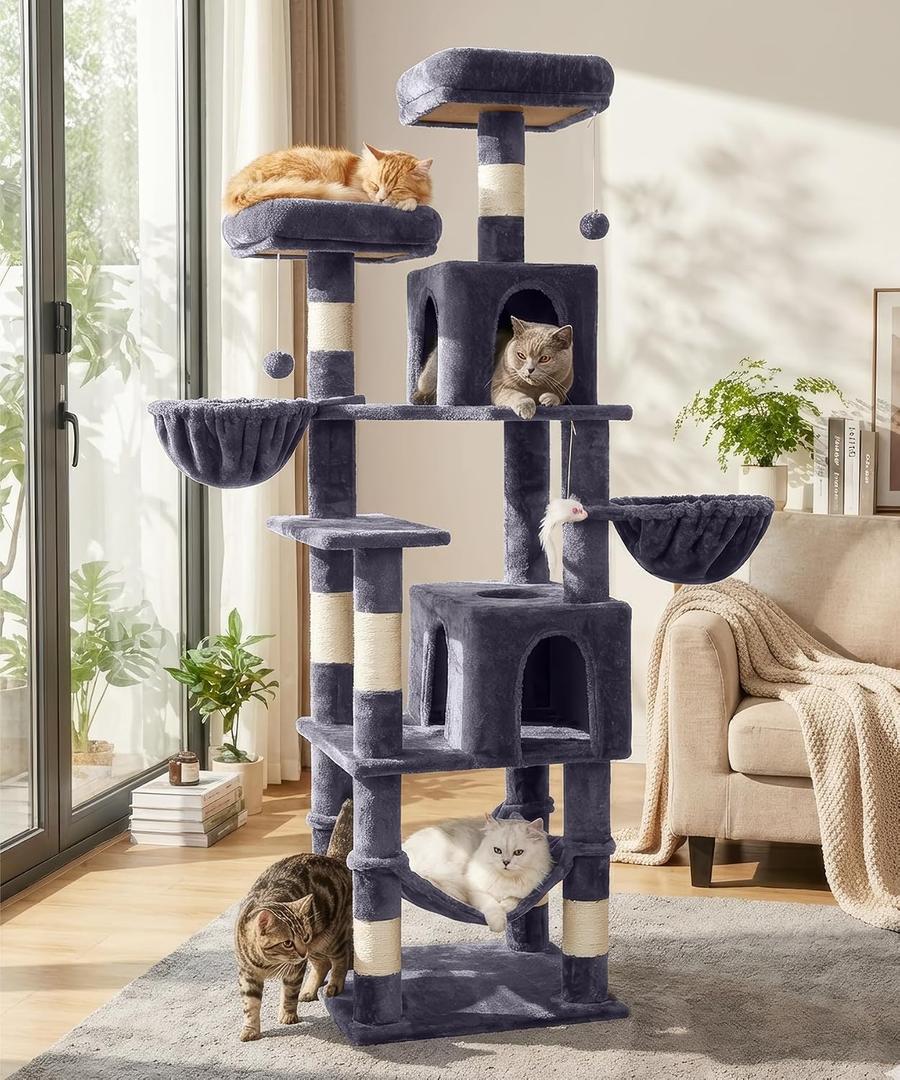 AMHANCIBLE Cat Tree, 70 Inch Cat Tower for Indoor Cats, Multi-Level Cat Tree with Scratching Post, Hammock, Hanging Basket, Large Cat Condos for Adult Cats Kittens, Dark Grey, PT18DG