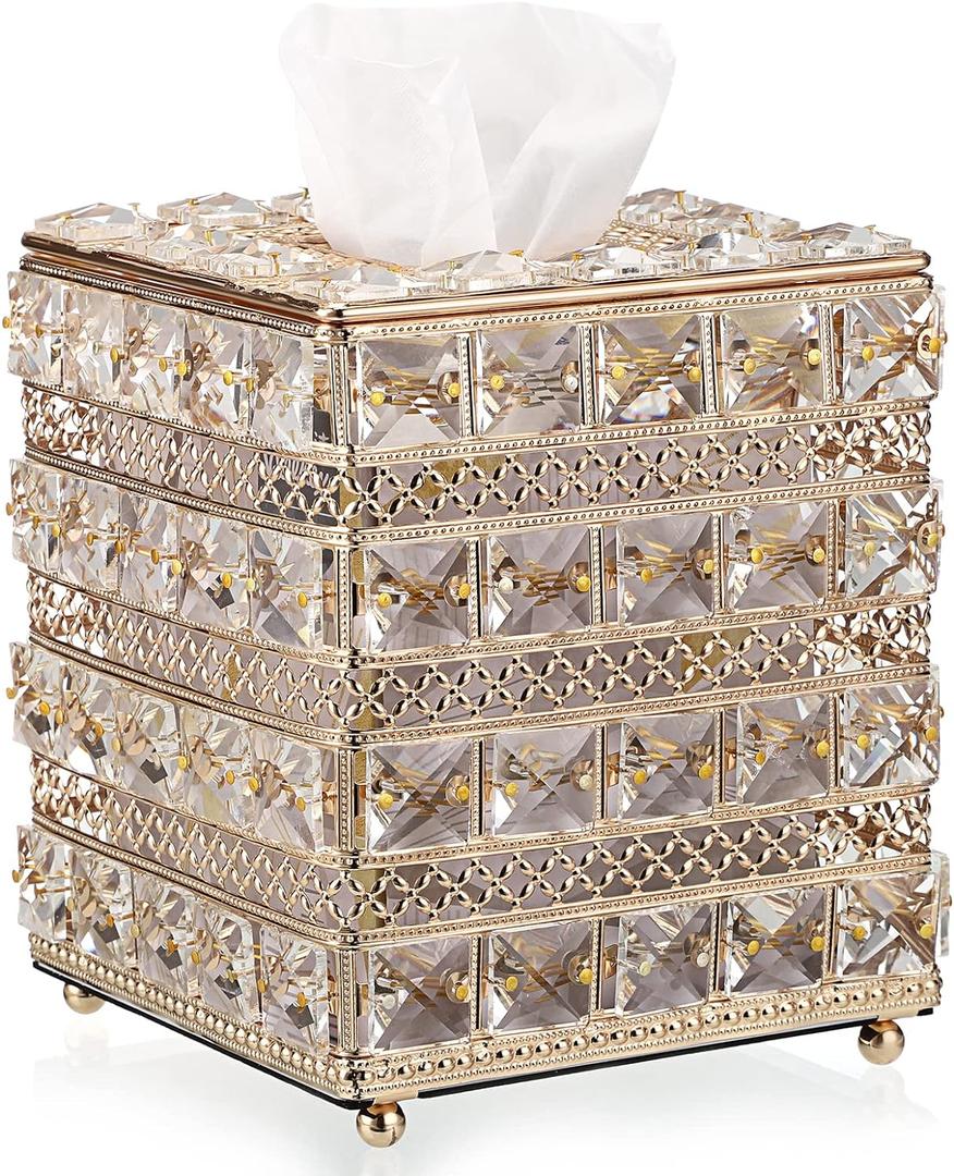 Sumnacon Crystal Square Tissue Box Cover - Sparkling Cube Glass Tissue Box Holder, Decorative Facial Tissue Holder for Bedroom Bathroom Dresser Night Stand Table Office Home Decor, Gold