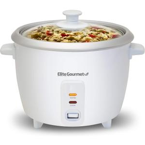 Elite Gourmet ERC-003 Electric Rice Cooker with Automatic Keep Warm Makes Soups, Stews, Grains, Hot Cereals, White, 6 Cups Cooked (3 Cups Uncooked)