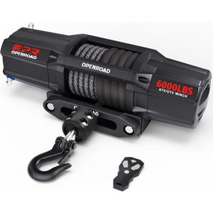 OPENROAD 6000 lbs UTV Winch, Waterproof IP67 Electric Trailer 6k Winch with 1/4"50ft Synthetic Rope,Wireless Remote and Winch Stopper (6000lb with Mounting Plate), 6000lb Black