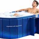 Portable Bathtub, Foldable Bathtub w/Side Rack, 59x21.6x19.6", Blue | Inflatable Bathtub Free Standing Tub with 2 Drain Ports, Space Saving, Hot Tub, Ice Bath Tub, Indoor Outdoor