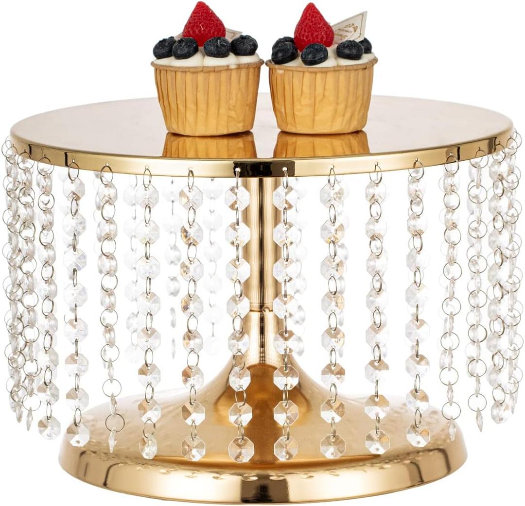 LANLONG Cake Stand for Dessert Table 12 Inch Gold Crystal Pendants Metal Cake Stand Serves as A Round Dessert Cupcake Display Plate for Table, Wedding, Party, Event (Medium)