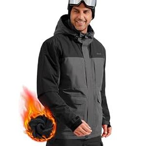 Men's Waterproof Ski Jacket Fleece Lined Warm Winter Snow Coat with Hood Fully Taped Seams(Gray Black, XXXL)