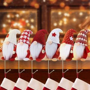 Christmas Gnome Stocking Holders for Mantle - Set of 6 Hooks for Fireplace Hangers