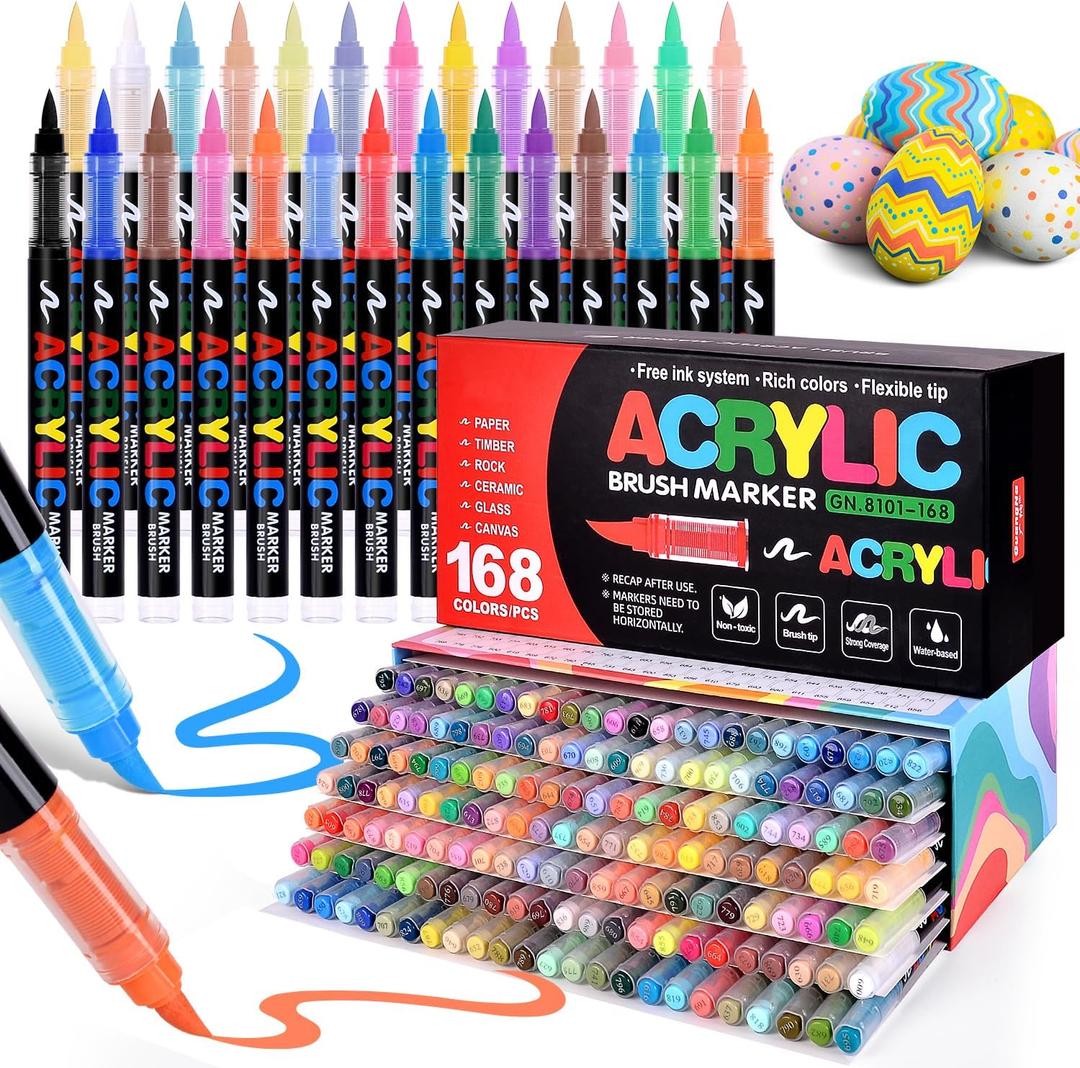 168 Colors Acrylic Paint Markers, Direct-Liquid Ink Control System, Premium Brush Tip Acrylic Paint Pens for School Art, Rock, Egg, Fabric, Wood, DIY Crafts (Includes Replacement Nibs)