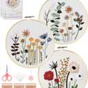 Santune 3 Sets Embroidery Kit,Cross Stitch Kits for Beginners,Needlepoint Kits for Adults with Easy Floral Pattern Hand Crafts,Hoop,Needle,Mothers Day Gifts