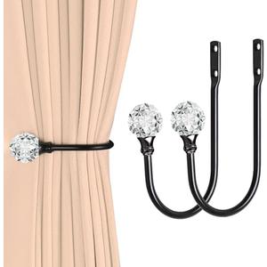 Groleca 2 x Heavy Duty U Shaped Metal Curtain Holdbacks Curtain Tiebacks with Clear Crystal Ball Pull Backs Curtain Holders for Drapes (Black)