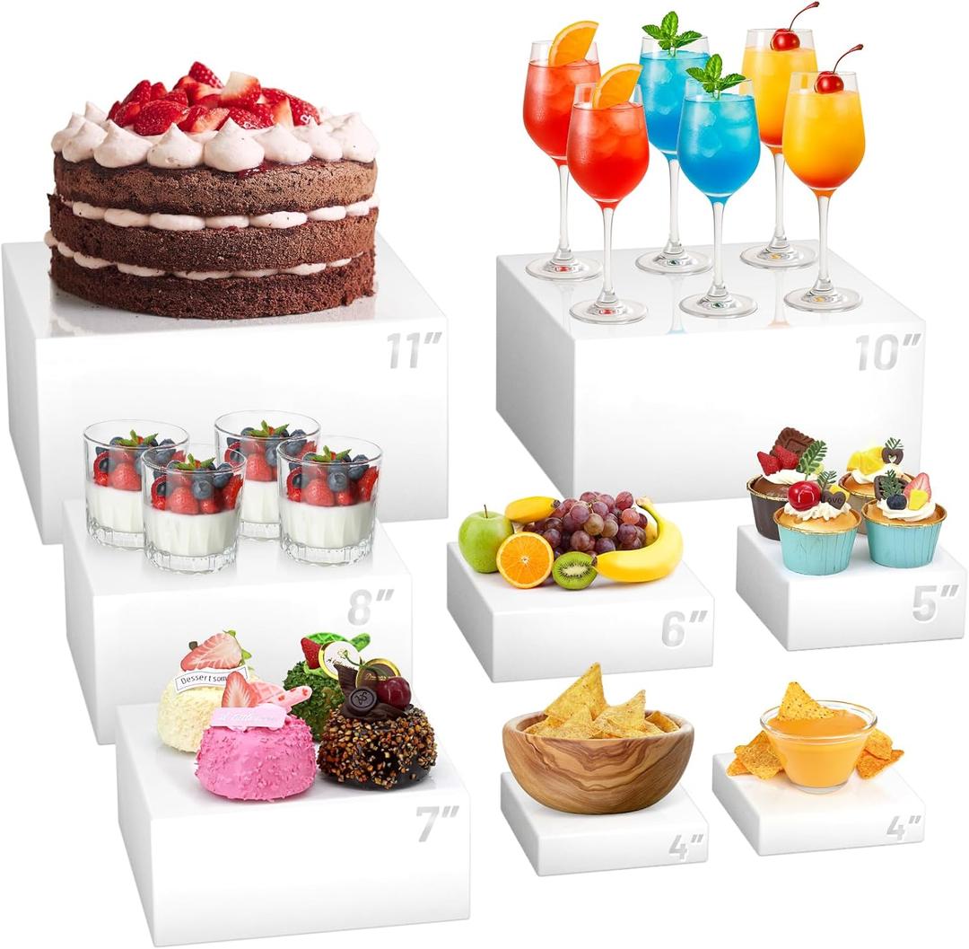 8 Pcs Buffet Food Risers,11*11" Large Acrylic Dessert Cupcake Table Stands White Fruit Display Shelf Catering Supplies Party Jewelry Show Decor Risers Cube Box Nesting with Hollow Bottoms 7 Sizes
