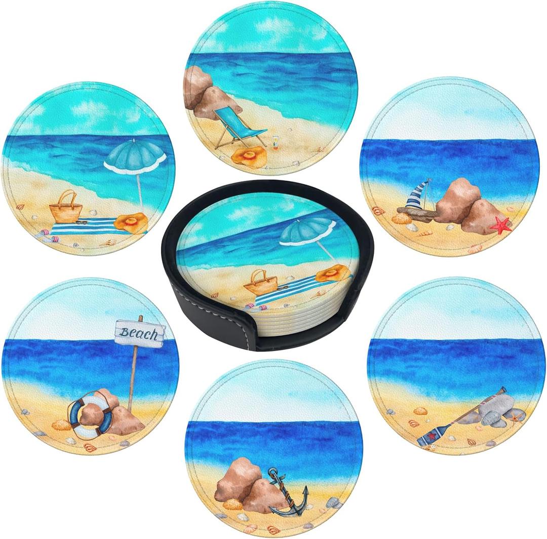 Summer Beach Leather Drink Coasters Set of 6 with Holder Ocean Scene Print Round Cup Coaster for Table Decor