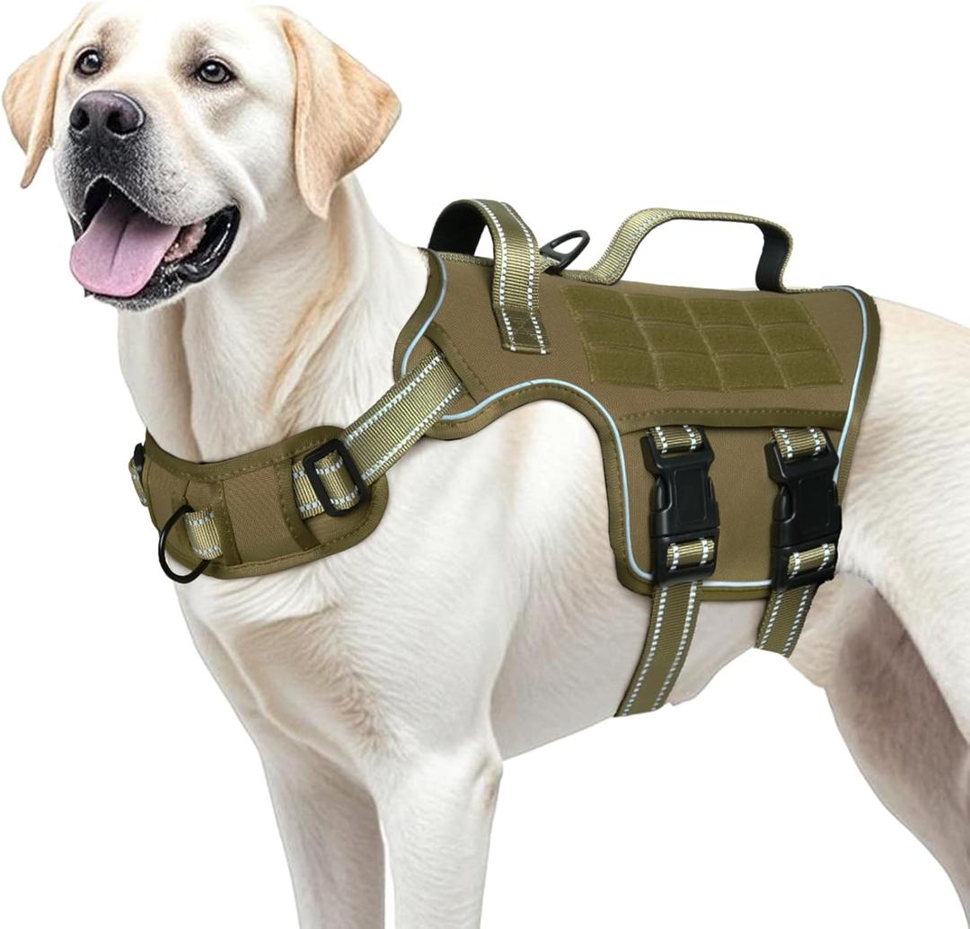 Dog Harness for Large Dogs Heavy Duty, No Pull Tactical Dog Harness with Molle System, Easy On and Off Service Dog Vest, Breathable Padded, Adjustable Reflective Pet Vest for Walking Hiking Training (XL(Neck:21-32",Chest:26-39"),75-135 lbs, Khaki)