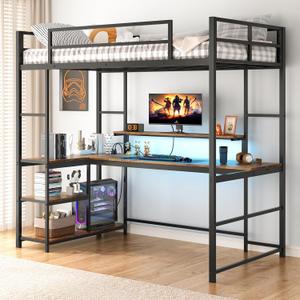 Tatub Twin Loft Bed with Large Desk and LED Lights, Space-Saving Bed for Teens, Kids, Adults, Black