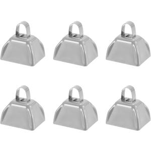 3inch Cowbells Noise Makers, 6Pcs Metal Cow Bells with Handle, Small Loud Bell Bulk Hand Percussion for Sporting Events, Football Games,Party, Concert, Graduations, Farm Ranch, Silver