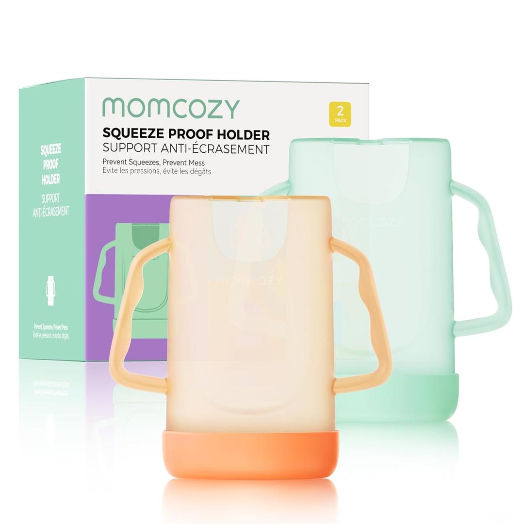 Momcozy Baby Pouch Holder No Squeeze for Food Pouches and Drink Boxes, Allows Baby to Self-feed and Avoid Messes, Baby Food Pouch Holder Handle is Easy to Grip, Comfortable, Green&Orange