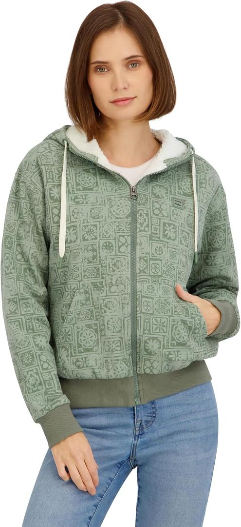 Billabong Women's Full Zip Oversized Sherpa Lined Hoodie Jacket (Green, XL)