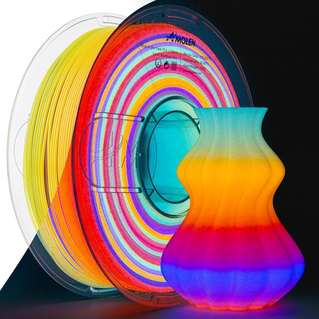 AMOLEN 3D PLA Glow in The Dark Filament 1.75mm, Glow Rainbow 10M Purple, Red, Orange, Blue, 3D Printing PLA Filament 1.75mm, Best with UV Lamps, 1KG Spool (2.2lbs), Dimensional Accuracy +/- 0.02 mm
