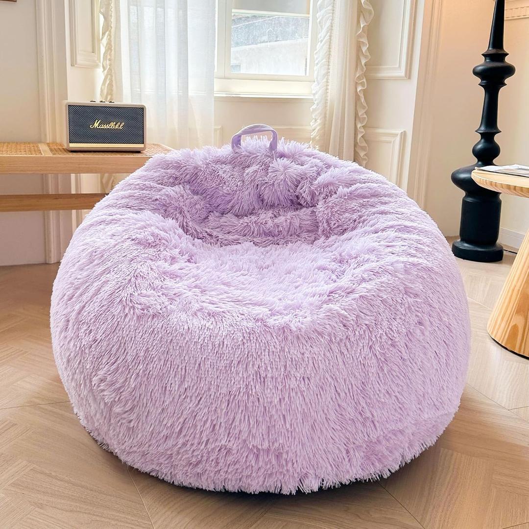 XeGe Faux Fur Comfy Bean Bag Cover for Living Room(No Filler), Fluffy Stuffed Animal Storage Bean Bag Chair Cover Light Purple, Furry Fuzzy Bean Bag Cover for Adults Kids Girls, Anti-slip, Lavender (Large(38"x38"x40"))