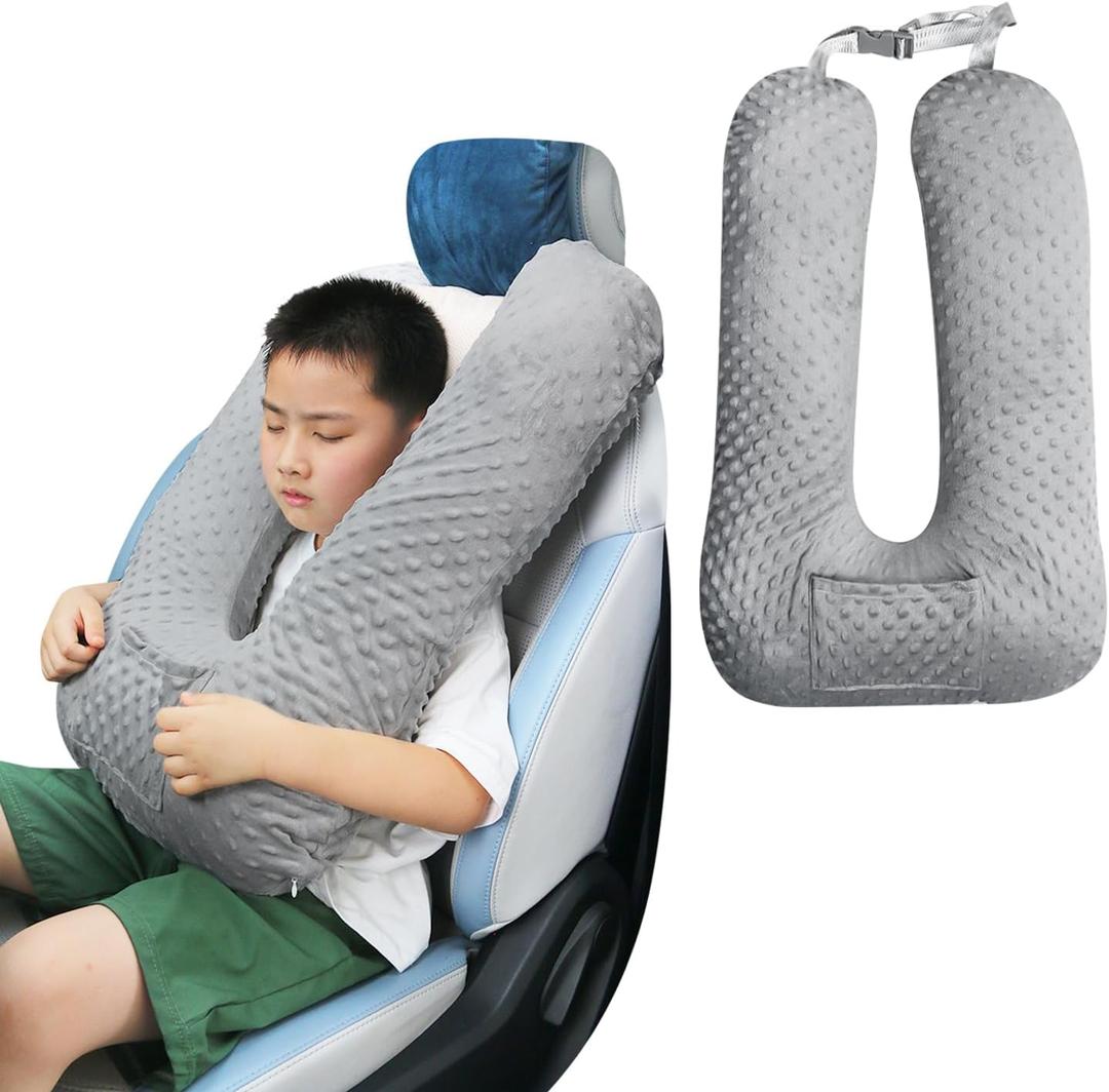 Travel Pillow for Kids & Adults, Car Pillow for Back Seat, Sleeping Support Cushion for Long Road Trips, Toddler Carseat Pillow with Removable & Washable Cover, Grey