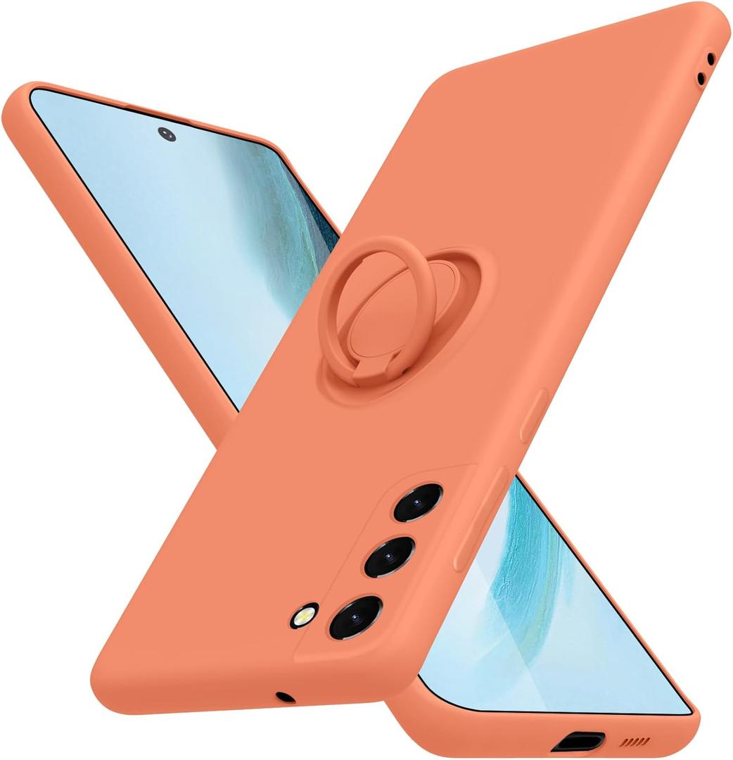 for Samsung Galaxy S21 FE 5G Case with Ring,Slim Soft Liquid Silicone Phone Case,Built in 360Rotatable Ring Holder,Shockproof Protection Phone Case 6.4inch Orange JUS04-12