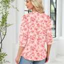 Rapbin 3/4 Length Sleeve Womens Tops 2025 Summer Fall Henley V Neck Button Down Tunic Shirts Casual Business Blouses (Medium, Beige Red Flower)