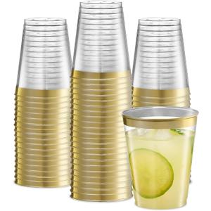 PLASTICPRO Disposable 8 oz Crystal Clear Plastic Tumblers With Gold Rim for Party's & Weddings pack of 50