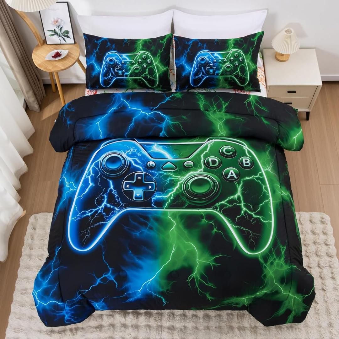 Meeting Story Gaming Bedding Sets Full Size Red and Blue Gamer Comforter Set for Boys Girls Soft Fluffy 3D Cool Video Game Kids Bed in A Bag for All Seasons(Bluegreen)