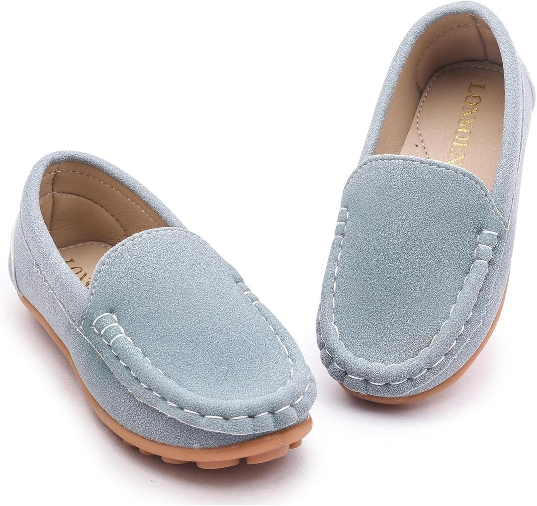 LONSOEN Kids Slip-On Loafers, Synthetic Suede Moccasin Driving Shoes, Non-Slip Rubber Outsole Lightweight Casual/Dress Boat Shoes for Boys & Girls, 27