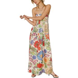 Women Floral Maxi Free Dress People Dupes Sexy Sleeveless Backless A-Line Long Flowy Dress FP Dup ES Back Cut Out Spaghetti Strap Flower Summer Beach Sundress Spring Wedding Guest Dress, Medium