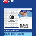 Avery Matte Clear Square Labels, Sure Feed Technology, 3/ 4" x 3/ 4", 800 Matte Clear Labels, Print-to-The-Edge, Laser/ Inkjet Printable
