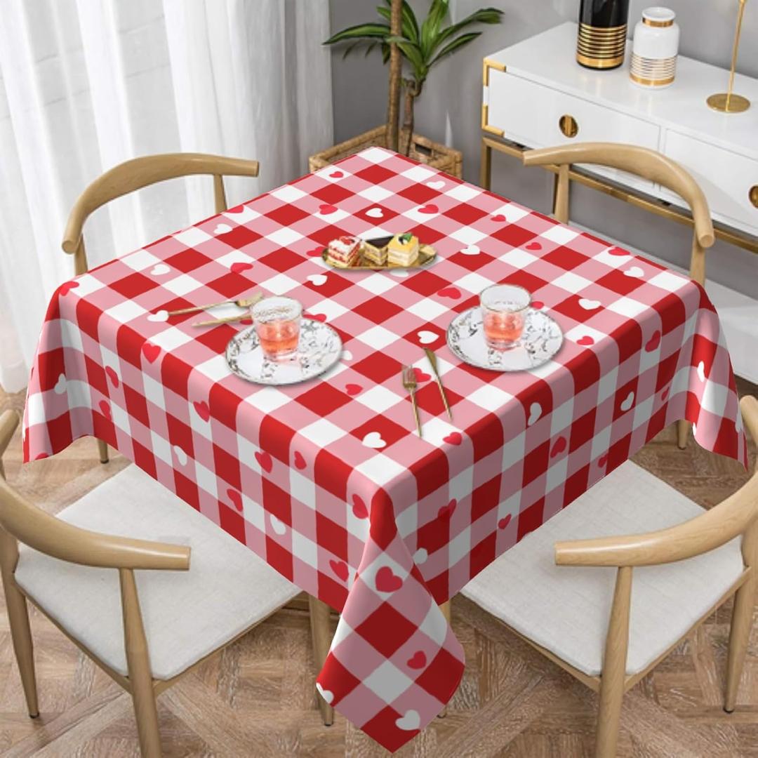 Valentines Tablecloth 5454 Inch Square Red White Check Plaid Hearts Holiday Table Cloth Water-Resistant Spill-proof Washable Fabric Table Cover for Kitchen Dining Party Picnic Indoor Outdoor