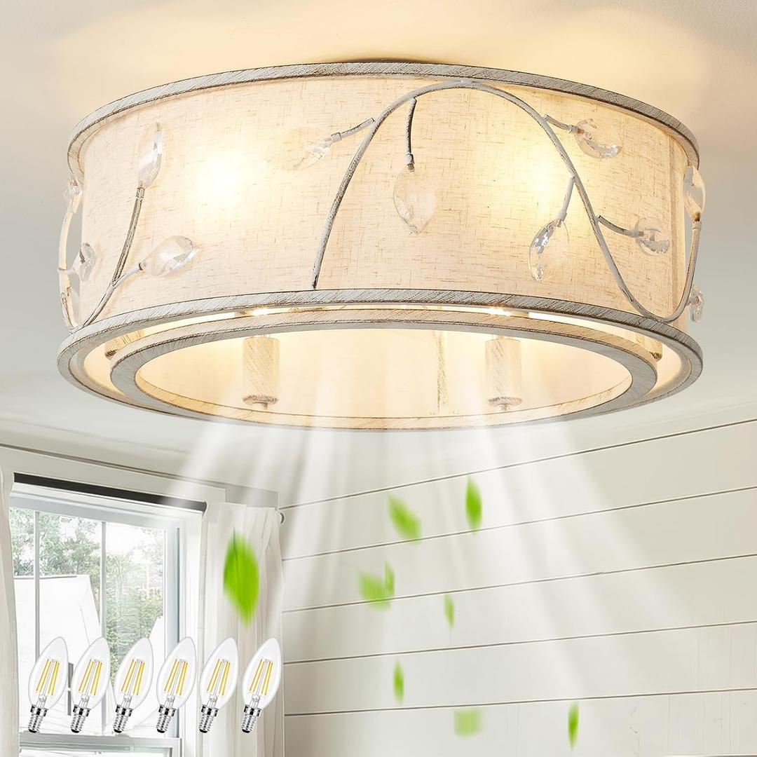 Caged Flush Mount Ceiling Fans with Lights, 20" White Boho Ceiling Fan, Low Profile Crystal Ceiling Fan with Light Remote Control, Small Mid Century Bladeless for Bedroom(6 E12 Bulb Include)