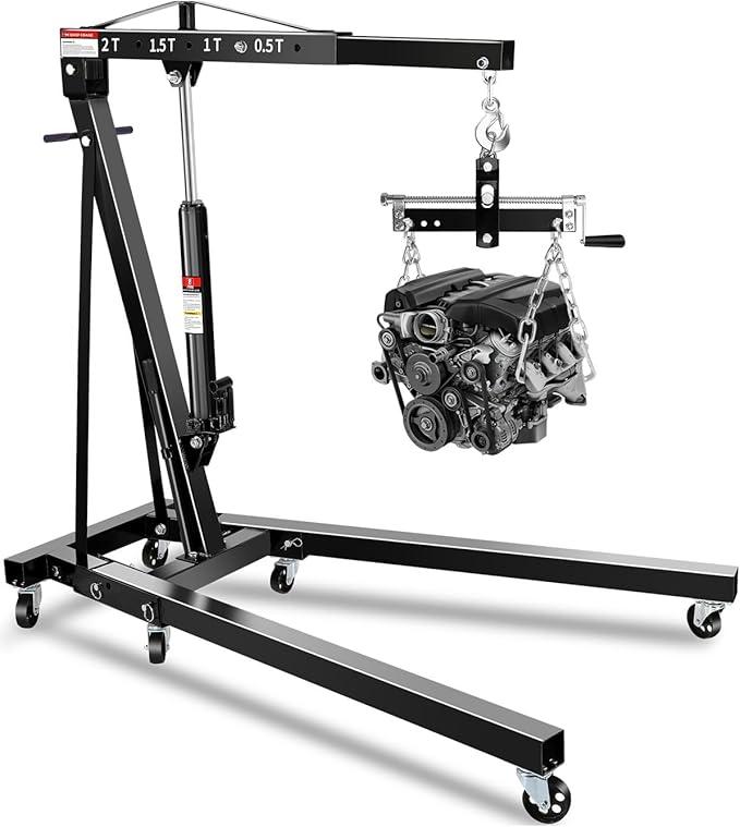 2 Ton Hydraulic Engine Hoist Crane with Lever, Folding Heavy-Duty Cherry Picker with 6 Locking Wheels & 4 Boom Positions, for Truck/SUV Engines, Garage Workshop, Industrial Lifting (Net Wt. 168 lbs) (Yellow)