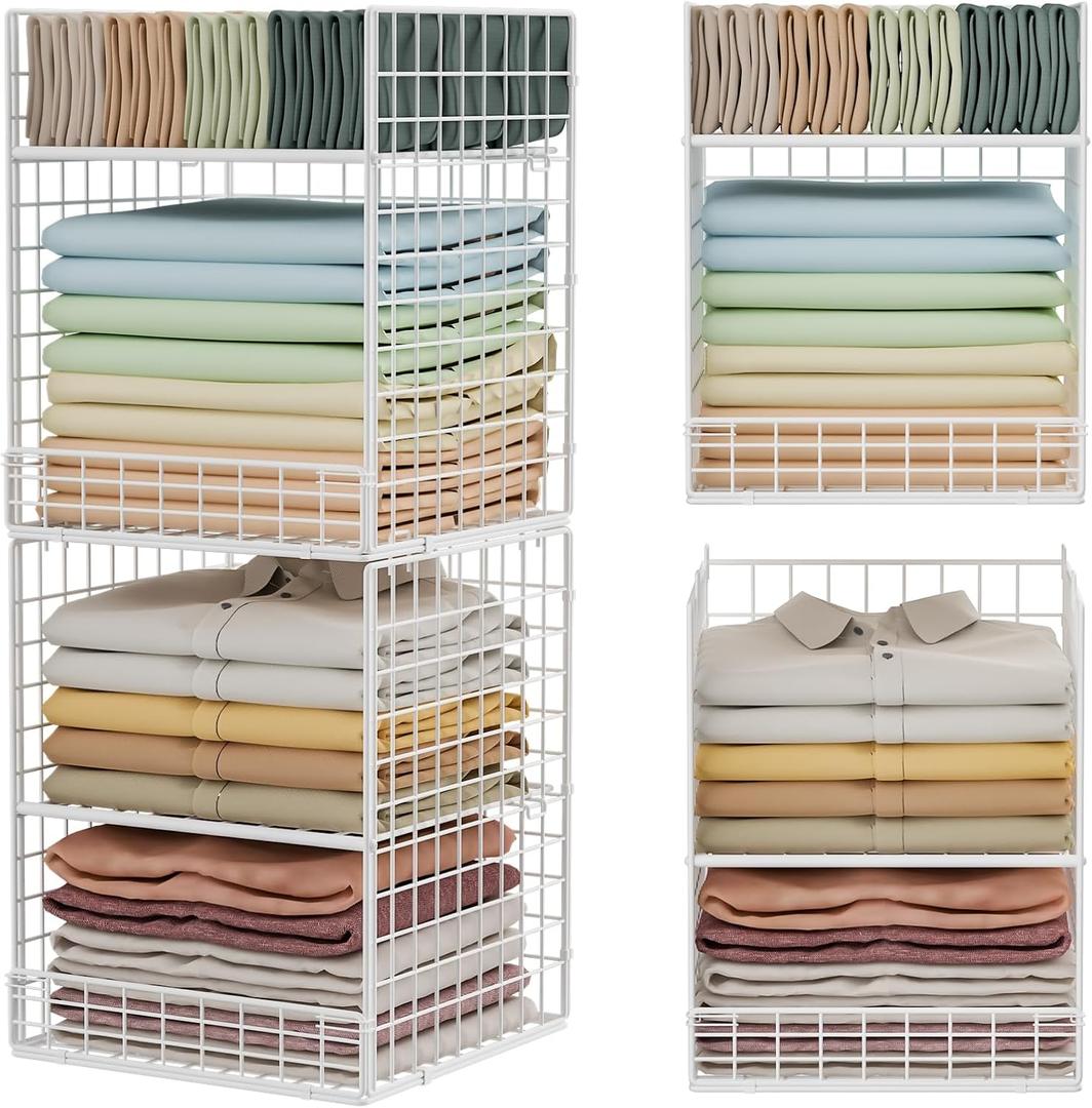 Closet Organizers and Storage - Stackable, Space Saving, Foldable Iron Mesh Bins with Adjustable Plate for Home Closet Organizer System, White