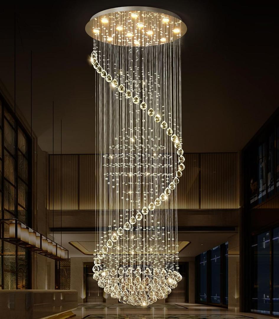 cenozo Crystal Chandelier High Ceiling Chandeliers for Staircaes Large Raindrop Chandeliers LED Dimmable Light Fixtures for Foyer Hallway Entryway LED Bulbs Included 98'' (D32'' x H100'' Silver)