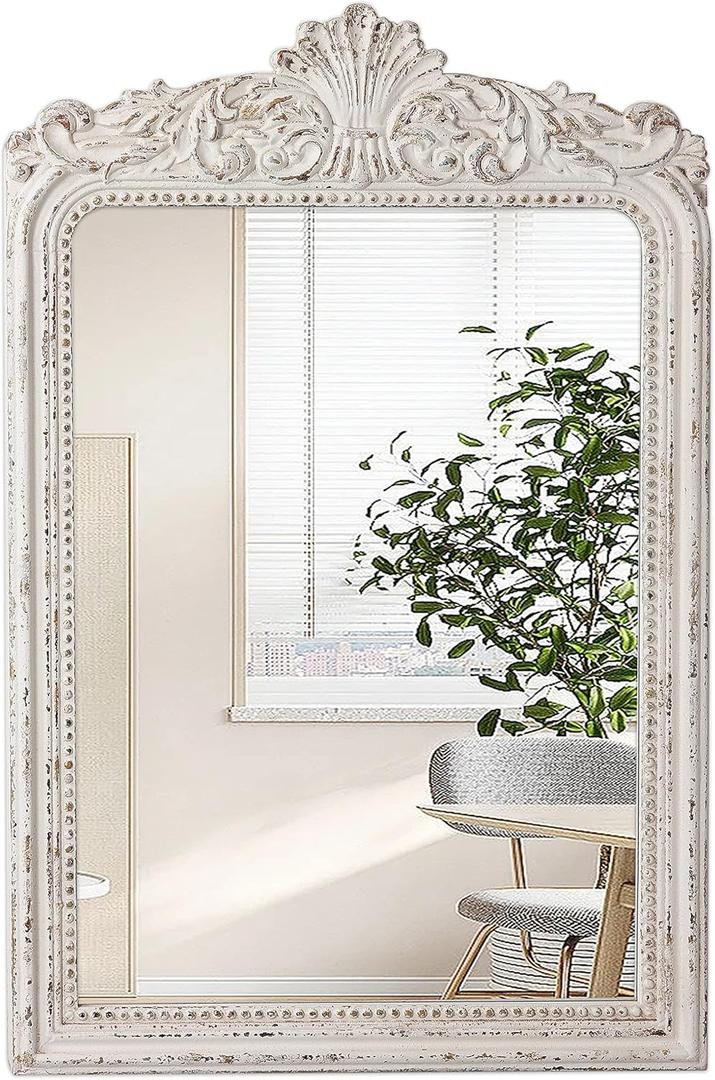 Vintage Wood Framed Arendahl Mirrors for Wall Decor 24" x 36", Hanging Distressed White Rustic Arched Wall Mirror, Ornate Baroque Bathroom Antique Mirror, Traditional Wall Mirrors Decorative