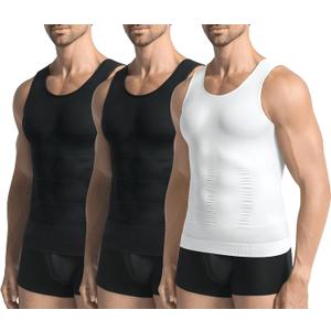 3 Pack Compression Shirt Men Slimming Body Shaper Tummy Control Vest Workout Tank Top Shapewear (Large, 3-black/Black/White)