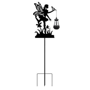 Solar Fairy Garden Outdoor Stake Holding Solar Lantern Outdoor Decor Metal Large Fairy Sitting Moon Silhouette Stakes for Garden Lawn Patio or Courtyard