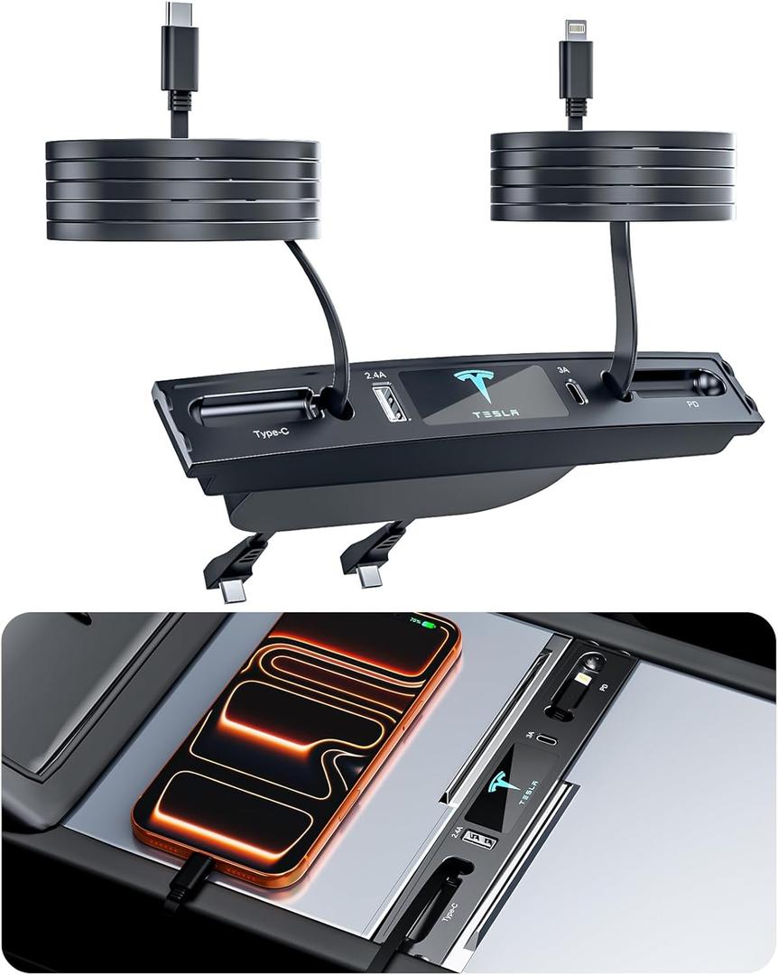 USB Hub for Tesla Model 3 Model Y, Waterproof, Multi Port Fast Charging for Model Y/3 Accessories 2021-2024, Retractable Docking Station with Built-in Cables, Fit Center Console(Not Fit Model 3 2024)